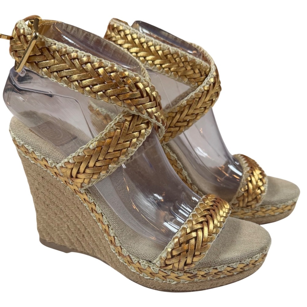 Tory Burch Lilah Braided Strap Platform Wedge Espadrille Gold Leather Sz 39.5 - Picture 3 of 7